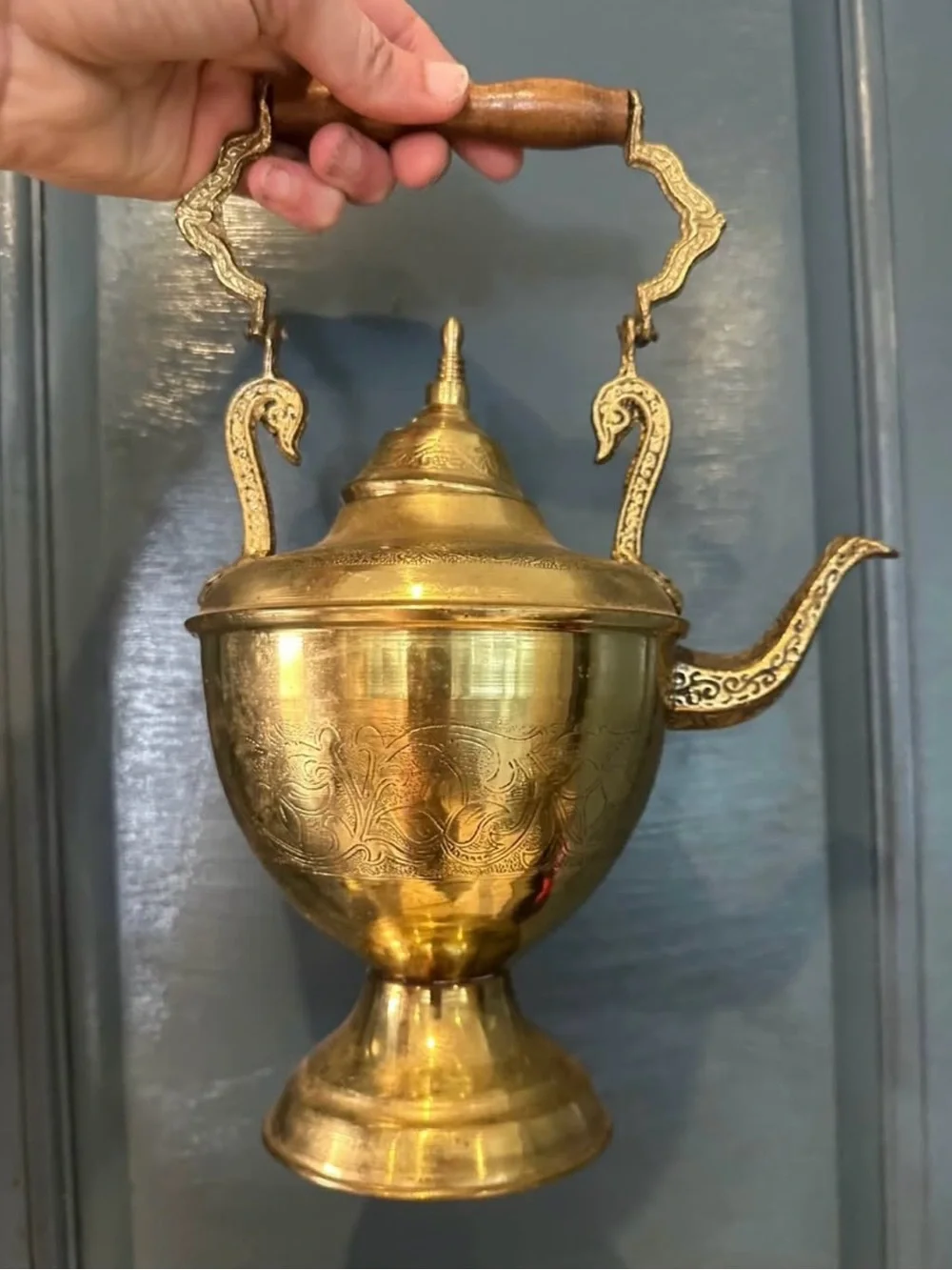 Vintage Ornate Engraved Brass Teapot Samovar Kettle with Wood Handle